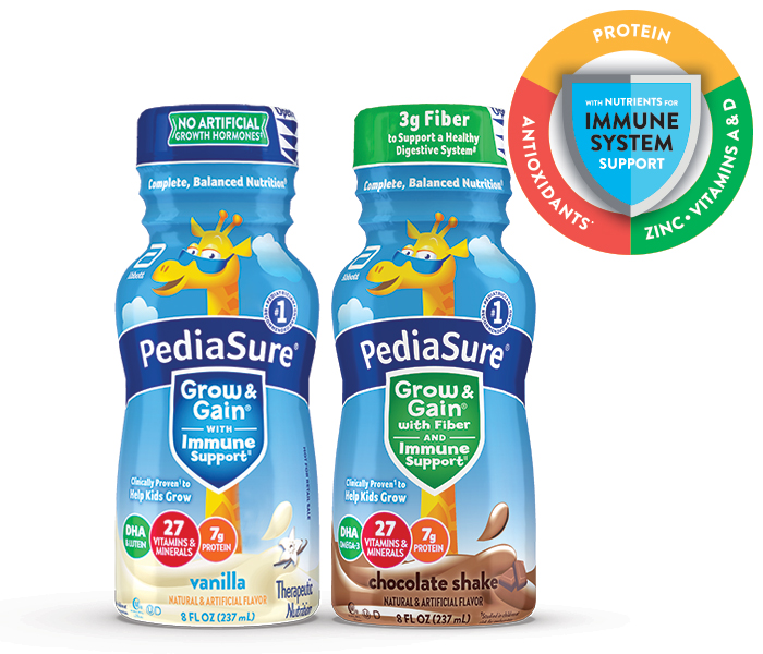 PediaSure Grow and Gain Vanilla and Chocolate product group with immunity badge icon