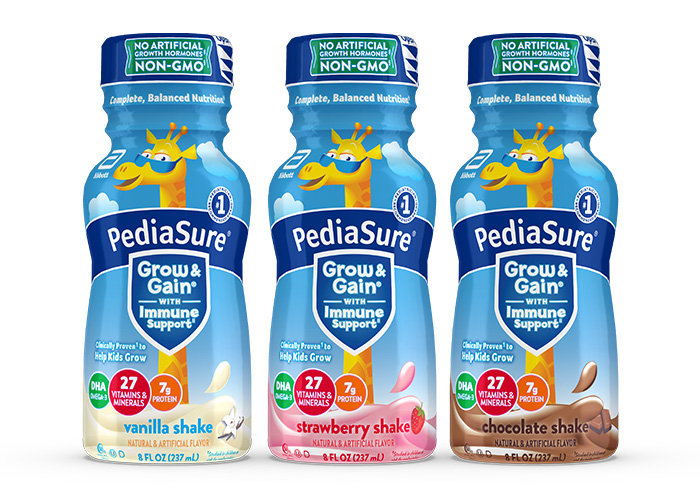 PediaSure Product grouping with vanilla, strawberry, and chocolate flavors