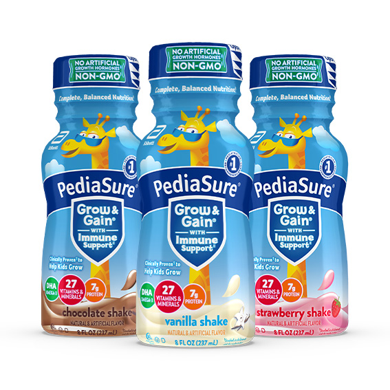 PediaSure Grow and Gain Group Bottles of Chocolate, Vanilla, and Strawberry Flavors